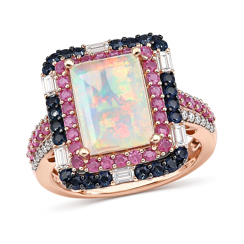 D'Joy Premium Ethiopian Welo Opal and Multi Gemstone 4.15 ctw Aurora Opal Ring in 18K Vermeil Rose Gold Over Sterling Silver (Size 8.0)