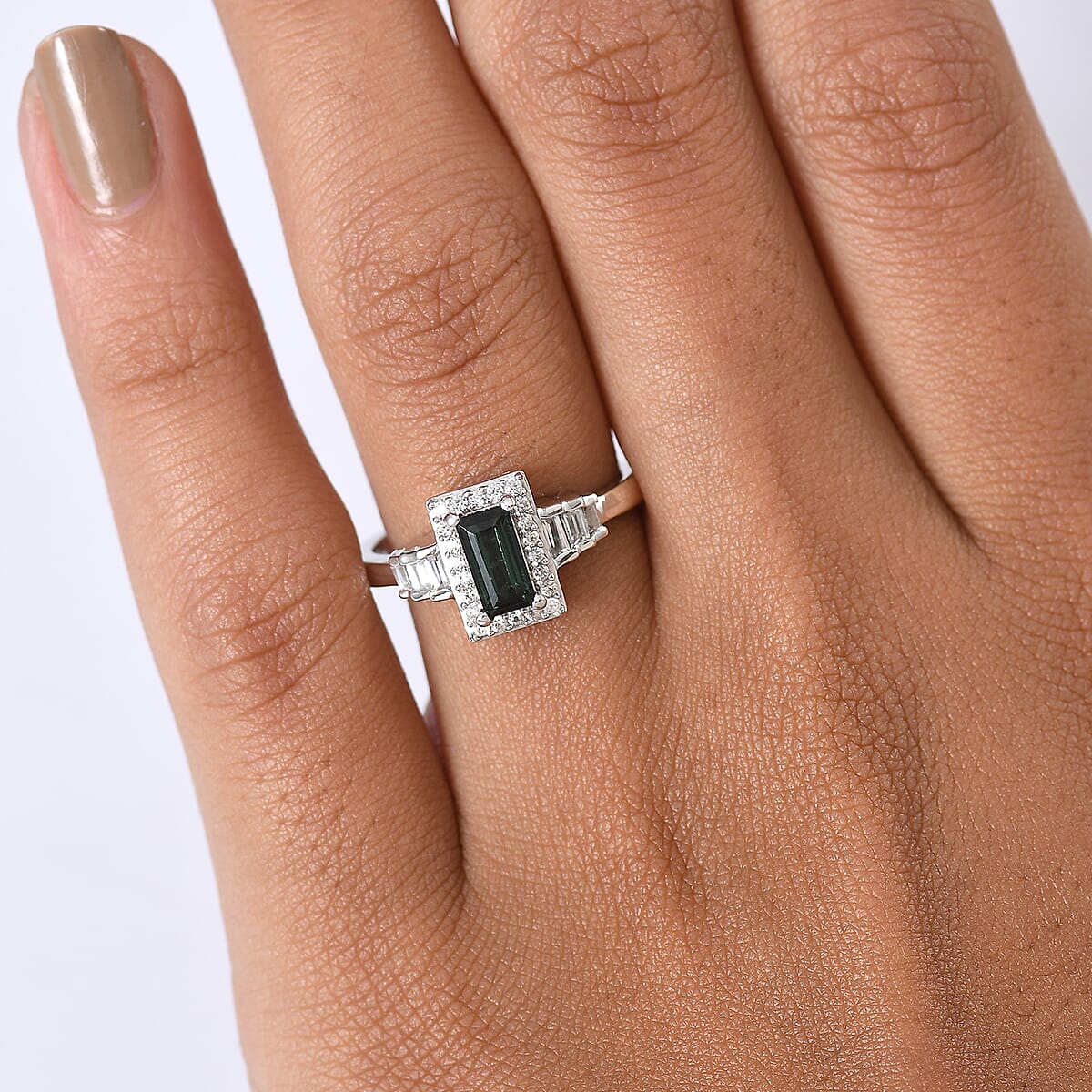 Doorbuster D'Joy AAA Monte Belo Indicolite and White Zircon 1.25 ctw Art Deco Ring in Rhodium Over Sterling Silver (Size 7.0) image number 2