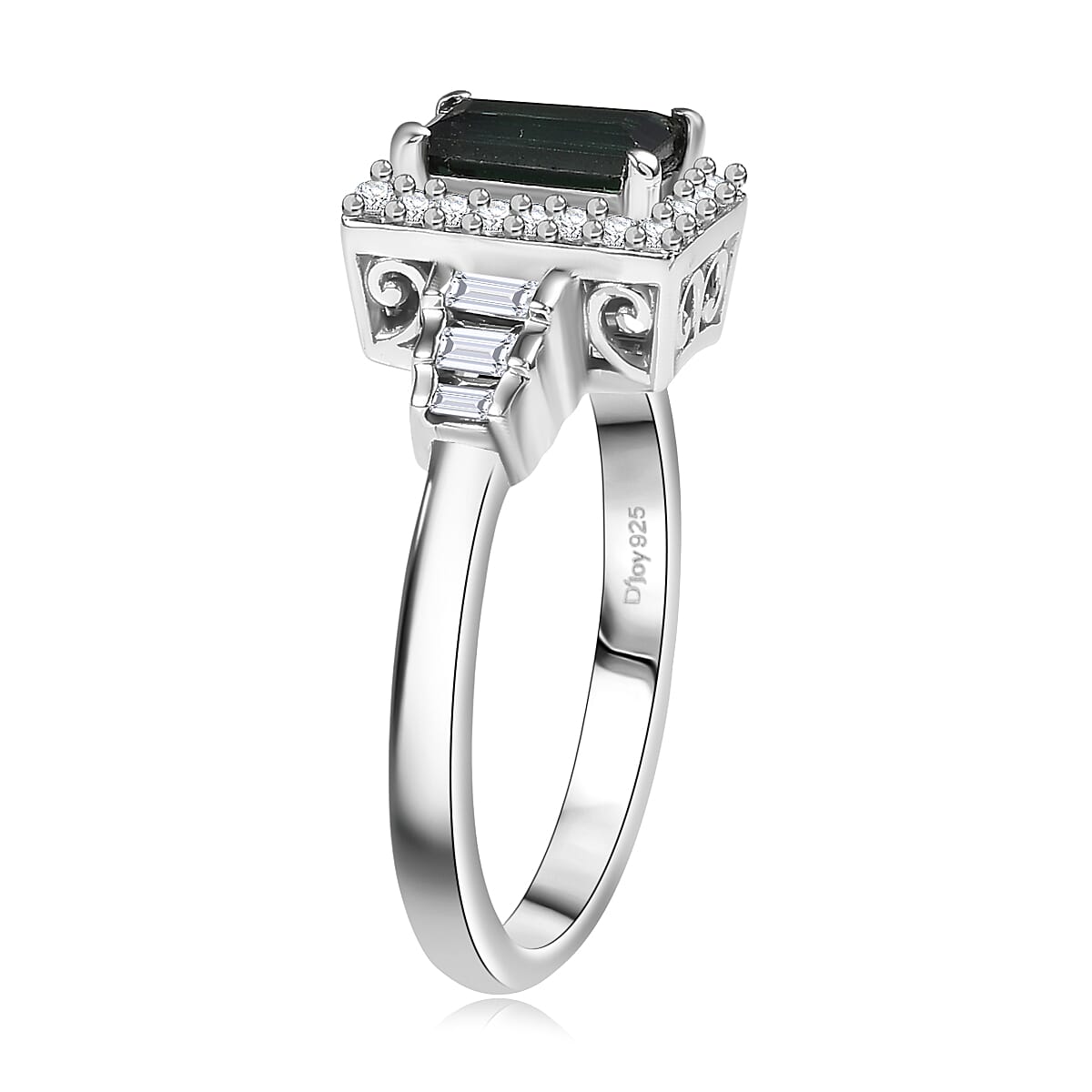 Doorbuster D'Joy AAA Monte Belo Indicolite and White Zircon 1.25 ctw Art Deco Ring in Rhodium Over Sterling Silver (Size 7.0) image number 3