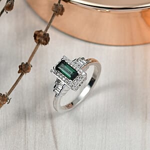  D'Joy AAA Monte Belo Indicolite and White Zircon 1.25 ctw Art Deco Ring in Rhodium Over Sterling Silver (Size 9.0)