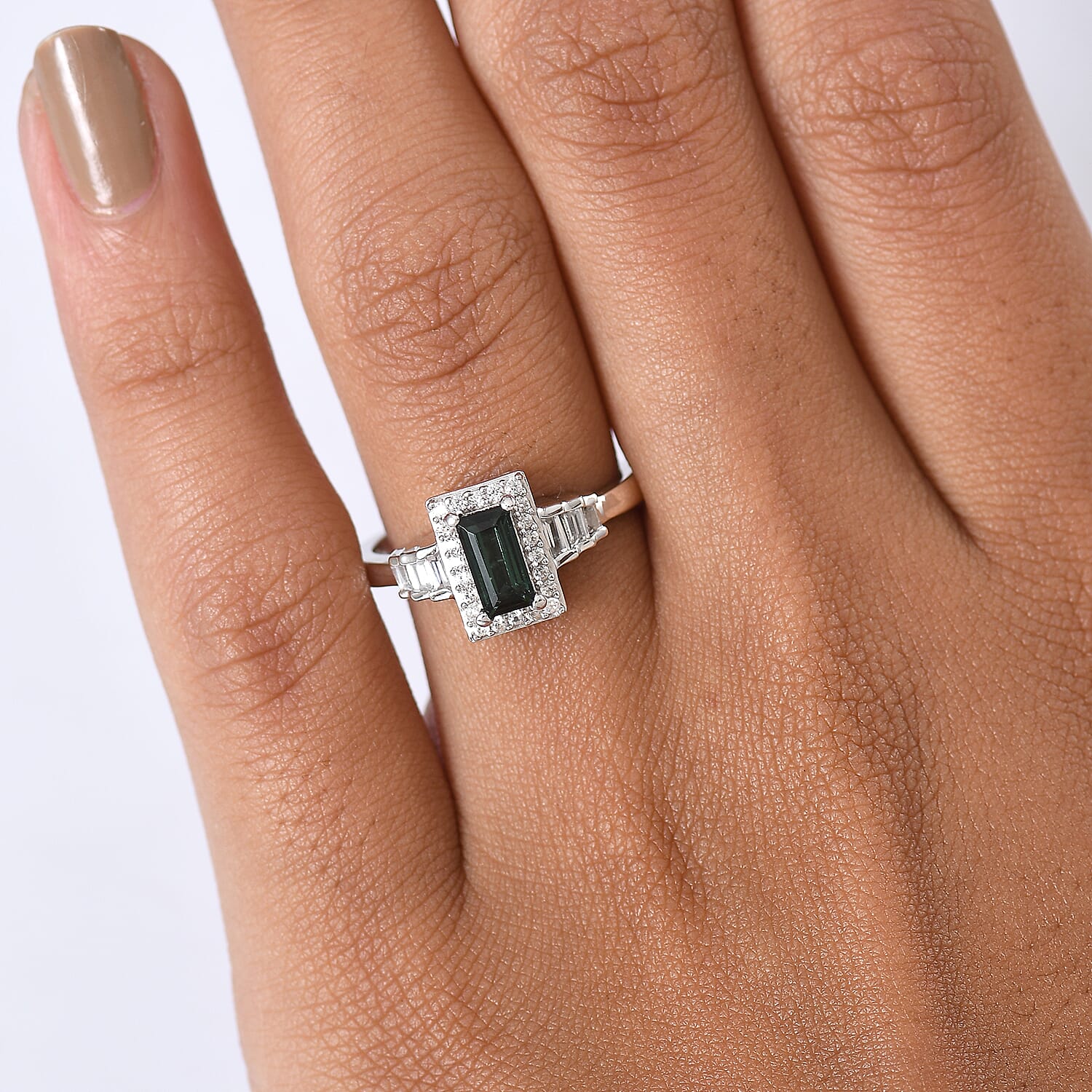 D'Joy AAA Monte Belo Indicolite and White Zircon 1.25 ctw Art Deco Ring in Rhodium Over Sterling Silver (Size 9.0)