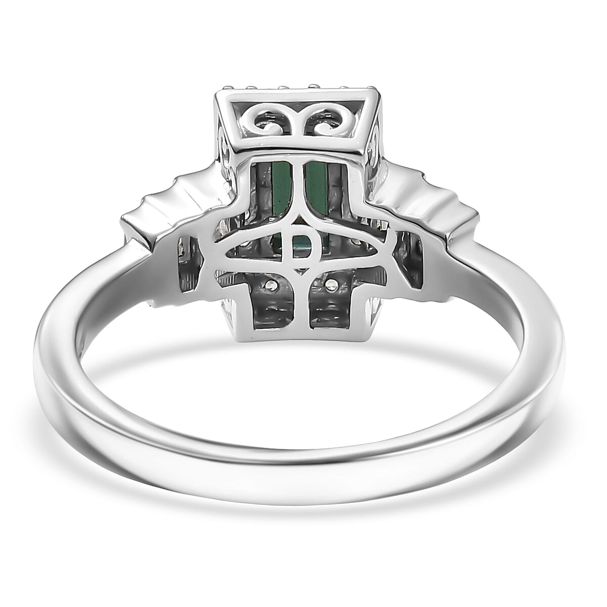  D'Joy AAA Monte Belo Indicolite and White Zircon 1.25 ctw Art Deco Ring in Rhodium Over Sterling Silver (Size 9.0) image number 4