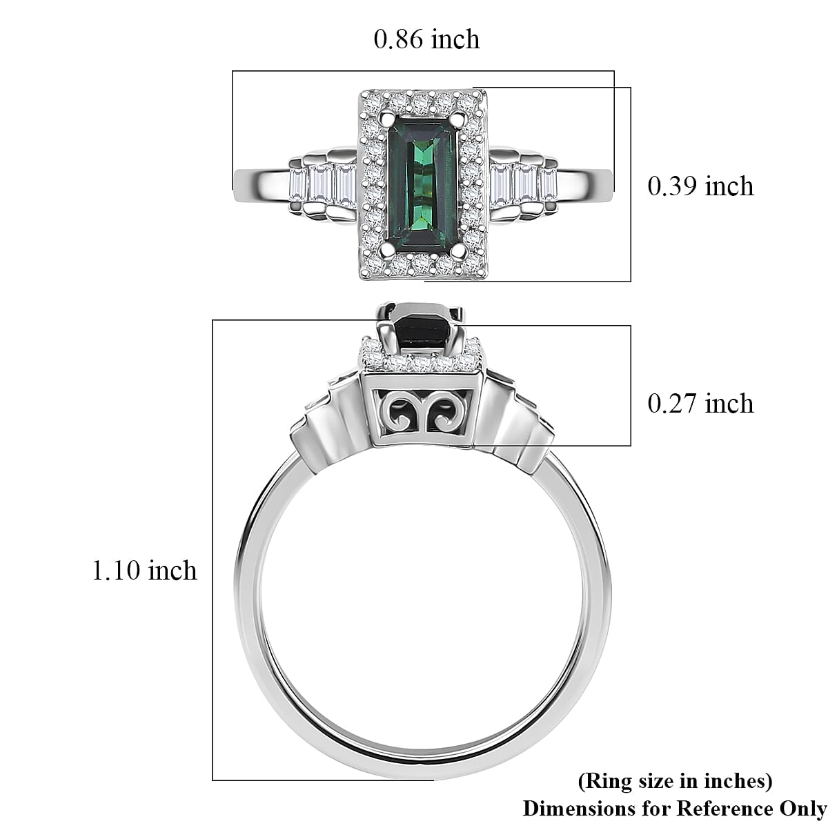  D'Joy AAA Monte Belo Indicolite and White Zircon 1.25 ctw Art Deco Ring in Rhodium Over Sterling Silver (Size 9.0) image number 5