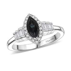  D'Joy AAA Monte Belo Indicolite and White Zircon 1.00 ctw Art Deco Ring in Rhodium Over Sterling Silver (Size 8.0)