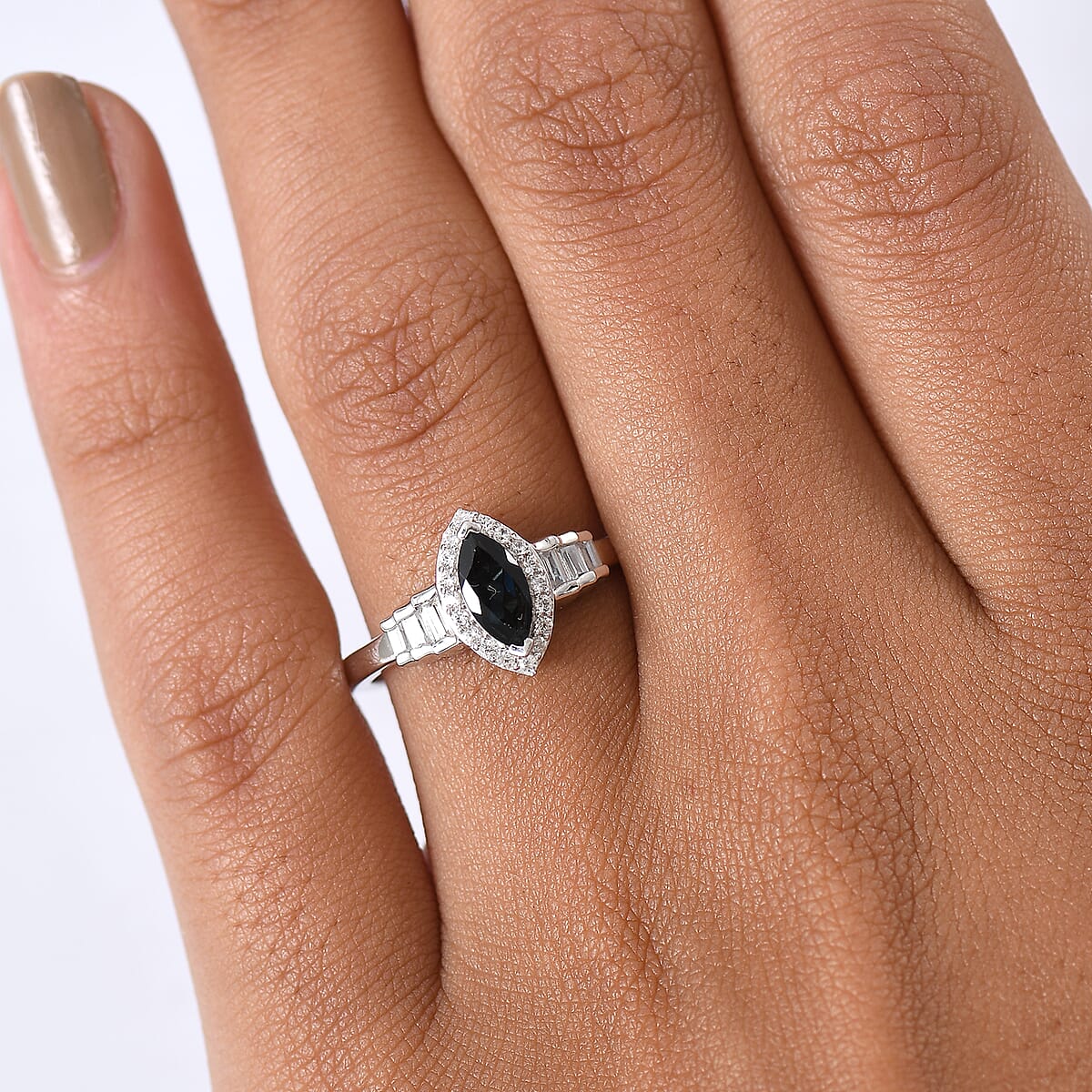  D'Joy AAA Monte Belo Indicolite and White Zircon 1.00 ctw Art Deco Ring in Rhodium Over Sterling Silver (Size 8.0) image number 2