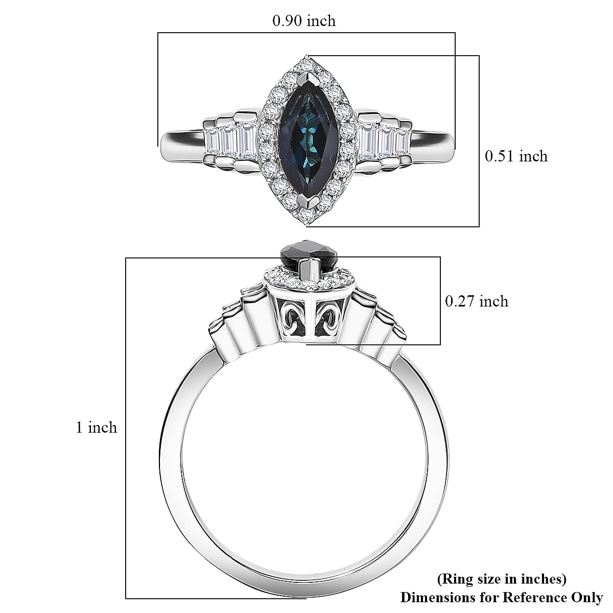  D'Joy AAA Monte Belo Indicolite and White Zircon 1.00 ctw Art Deco Ring in Rhodium Over Sterling Silver (Size 8.0) image number 5