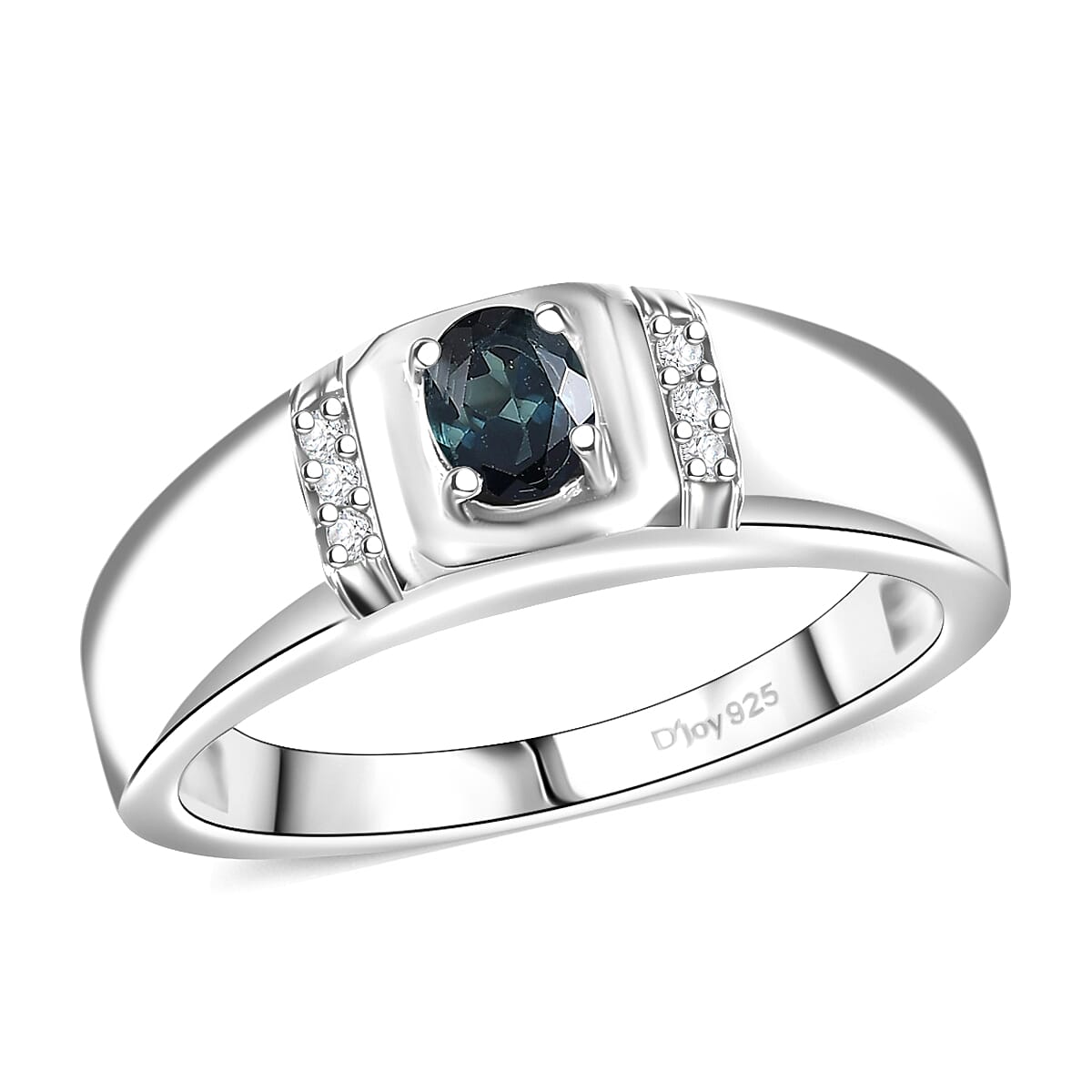 D'Joy AAA Monte Belo Indicolite, Diamond Men's Ring in Rhodium Over Sterling Silver (Size 10.0) 0.40 ctw image number 0