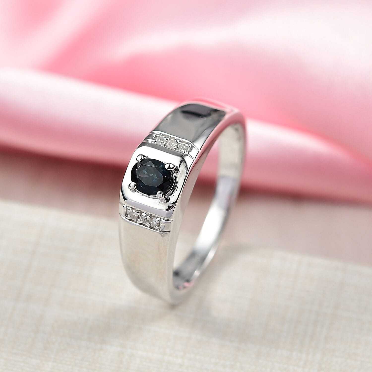D'Joy AAA Monte Belo Indicolite and Diamond 0.40 ctw Men's Ring in Rhodium Over Sterling Silver (Size 10.0)