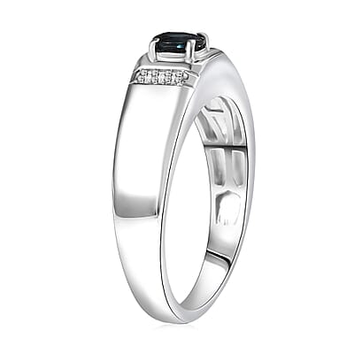 D'Joy AAA Monte Belo Indicolite and Diamond 0.40 ctw Men's Ring in Rhodium Over Sterling Silver (Size 11.0)
