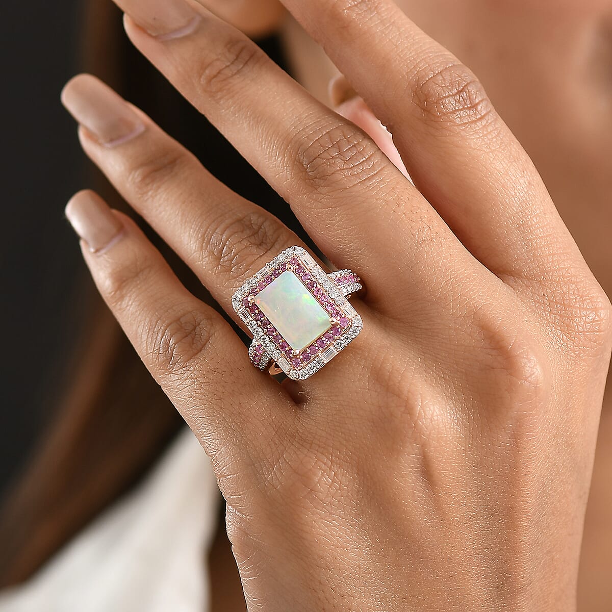 D'Joy Premium Ethiopian Welo Opal and Multi Gemstone 3.85 ctw Aurora Opal Ring in 18K Vermeil Rose Gold Over Sterling Silver (Size 8.0) image number 2