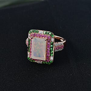 D'Joy Premium Ethiopian Welo Opal and Multi Gemstone 4.00 ctw Aurora Opal Ring in 18K Vermeil Rose Gold Over Sterling Silver (Size 6.0) (Del. in 5-7 Days)