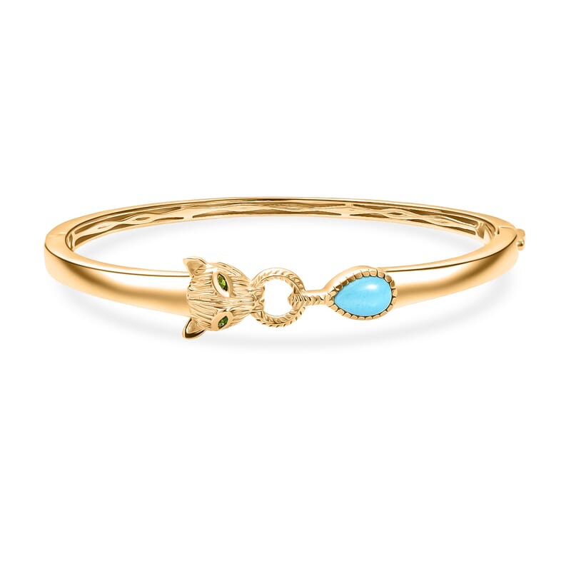 D'Joy Sleeping Beauty Turquoise and Chrome Diopside 1.25 ctw Bangle Bracelet in 18K Vermeil Yellow Gold Over Sterling Silver (7.50 In)