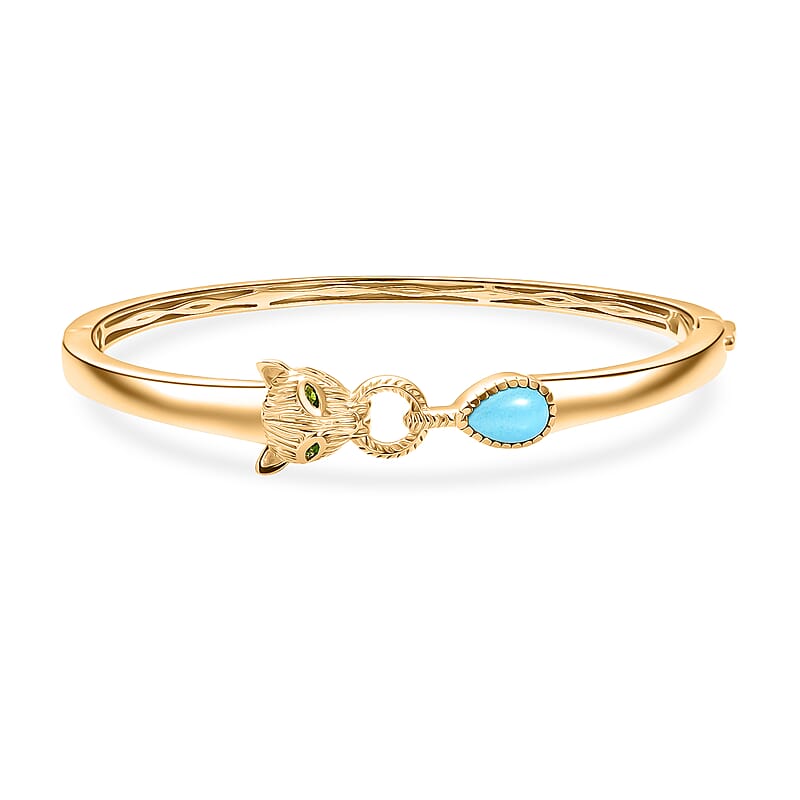 D'Joy Sleeping Beauty Turquoise and Chrome Diopside 1.25 ctw Bangle Bracelet in 18K Vermeil Yellow Gold Over Sterling Silver (7.50 In)