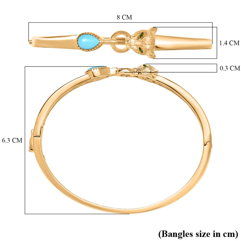 D'Joy Sleeping Beauty Turquoise and Chrome Diopside 1.25 ctw Bangle Bracelet in 18K Vermeil Yellow Gold Over Sterling Silver (7.50 In)