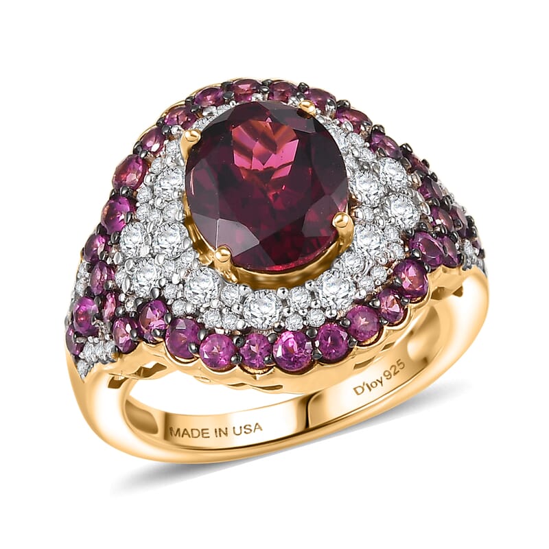 D'Joy Orissa Rhodolite Garnet and White Zircon 5.10 ctw Classic Ornate Oval Ring in 18K Vermeil Yellow Gold Over Sterling Silver (Size 10.0)