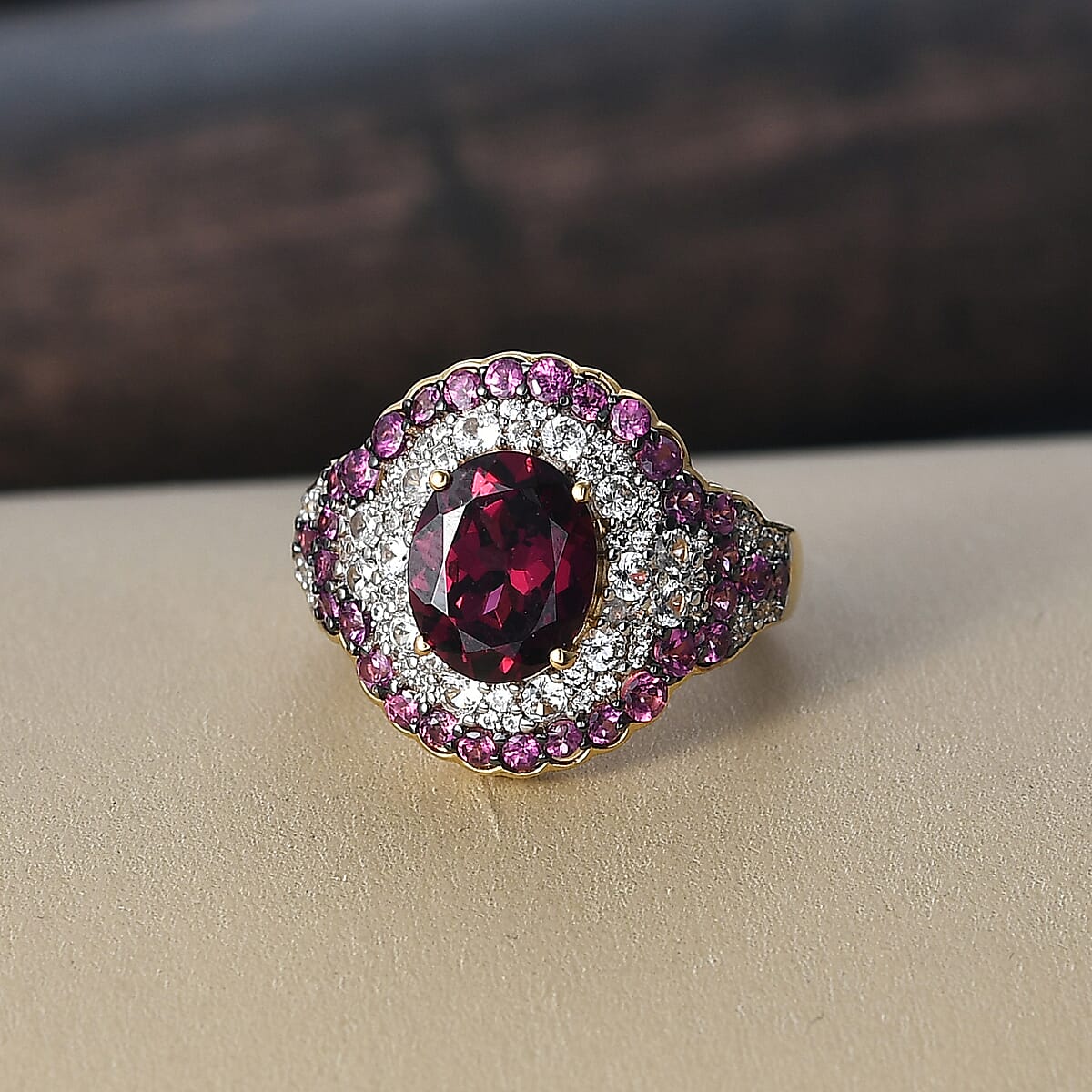 D'Joy Orissa Rhodolite Garnet and White Zircon 5.10 ctw Classic Ornate Oval Ring in 18K Vermeil Yellow Gold Over Sterling Silver (Size 10.0) image number 1