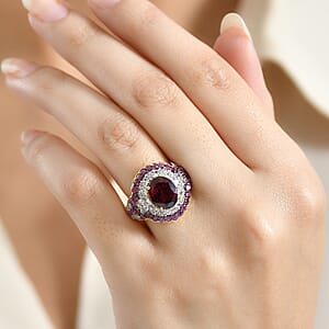 D'Joy Orissa Rhodolite Garnet and White Zircon 5.10 ctw Classic Ornate Oval Ring in 18K Vermeil Yellow Gold Over Sterling Silver (Size 10.0)