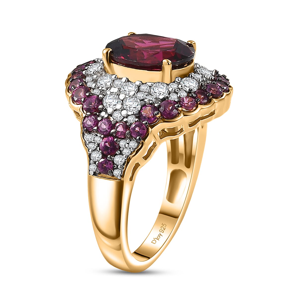 D'Joy Orissa Rhodolite Garnet and White Zircon 5.10 ctw Classic Ornate Oval Ring in 18K Vermeil Yellow Gold Over Sterling Silver (Size 10.0) image number 3