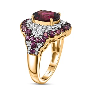 D'Joy Orissa Rhodolite Garnet and White Zircon 5.10 ctw Classic Ornate Oval Ring in 18K Vermeil Yellow Gold Over Sterling Silver (Size 10.0)