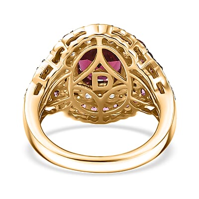 D'Joy Orissa Rhodolite Garnet and White Zircon 5.10 ctw Classic Ornate Oval Ring in 18K Vermeil Yellow Gold Over Sterling Silver (Size 10.0)