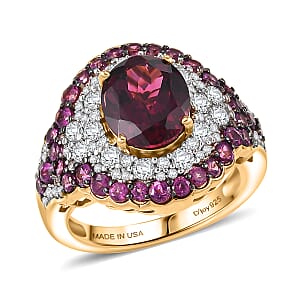 D'Joy Orissa Rhodolite Garnet and White Zircon 5.10 ctw Classic Ornate Oval Ring in 18K Vermeil Yellow Gold Over Sterling Silver (Size 7.0)