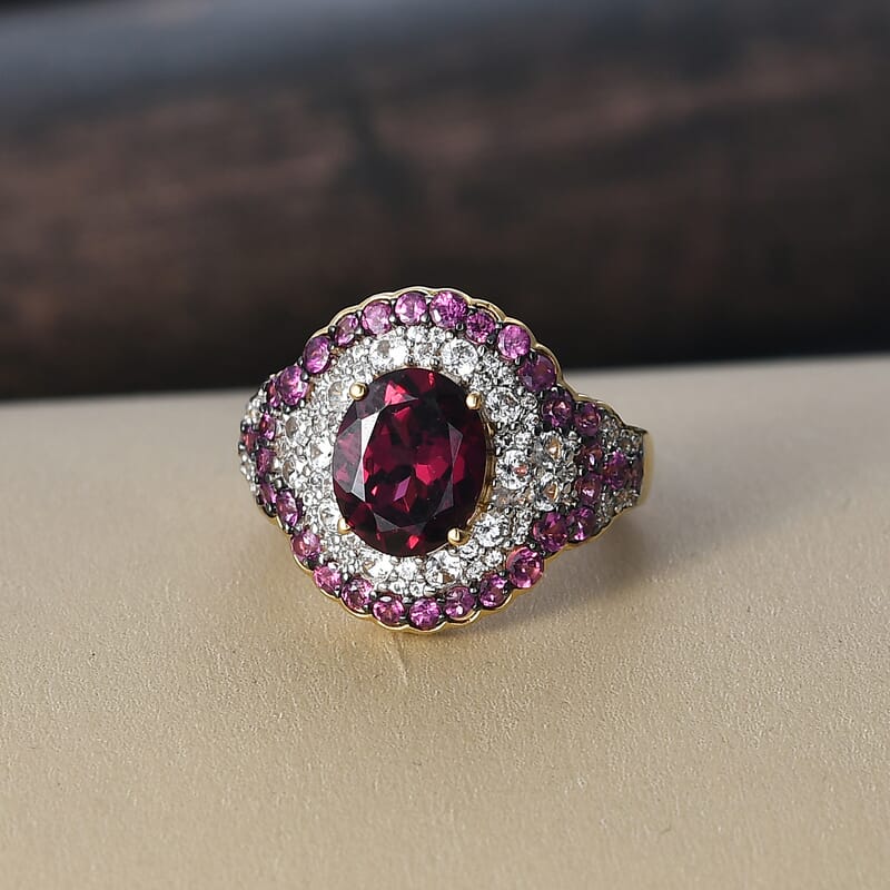 D'Joy Orissa Rhodolite Garnet and White Zircon 5.10 ctw Classic Ornate Oval Ring in 18K Vermeil Yellow Gold Over Sterling Silver (Size 7.0)