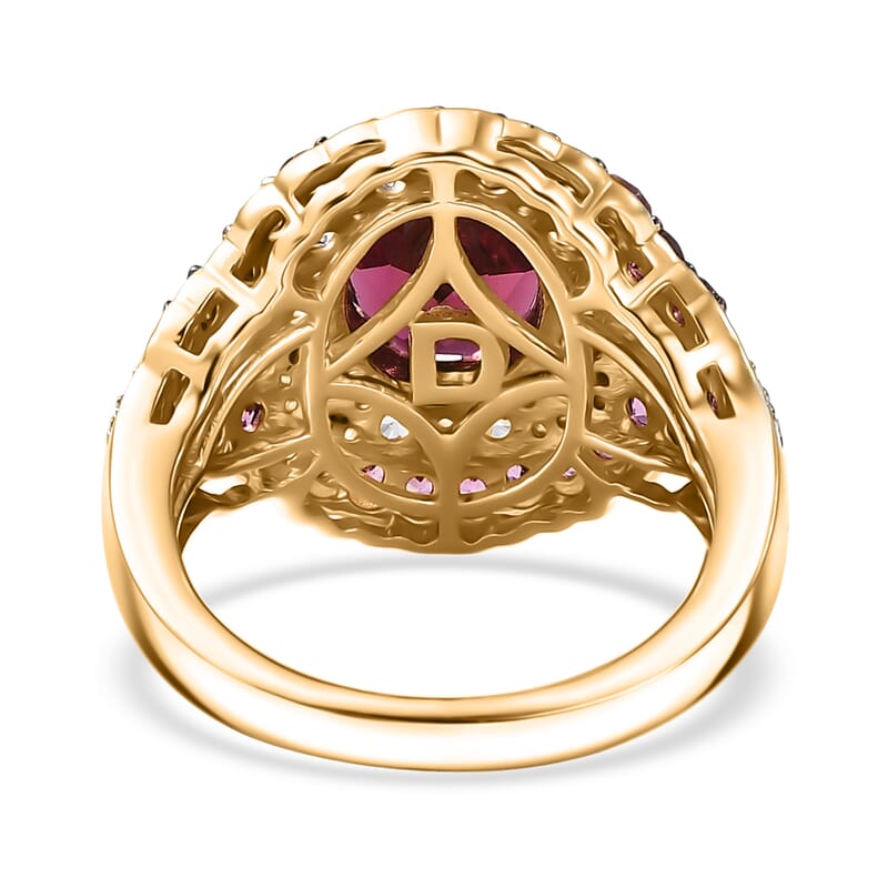 D'Joy Orissa Rhodolite Garnet and White Zircon 5.10 ctw Classic Ornate Oval Ring in 18K Vermeil Yellow Gold Over Sterling Silver (Size 7.0)