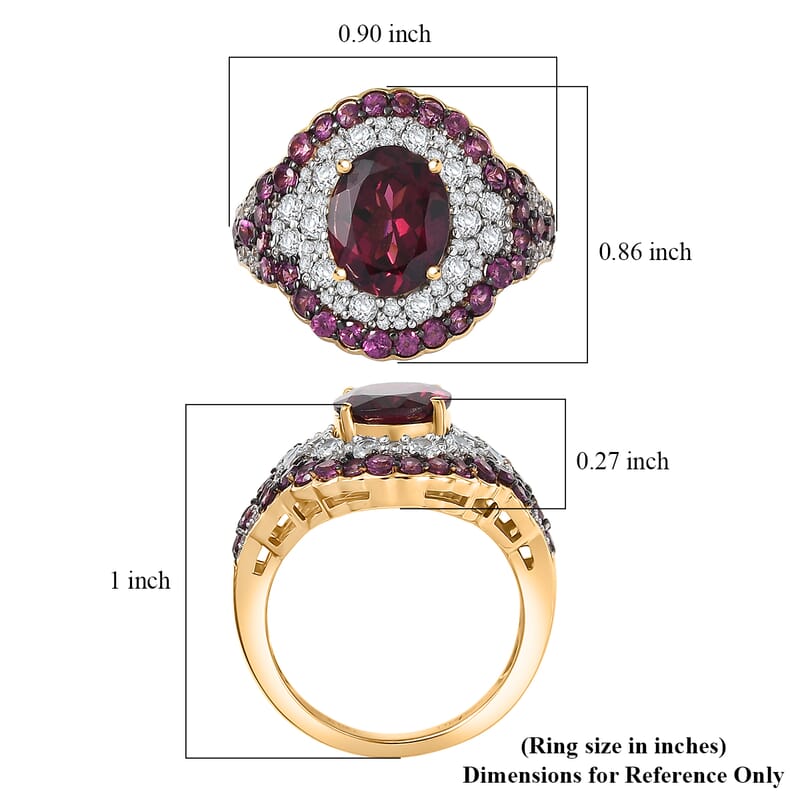 D'Joy Orissa Rhodolite Garnet and White Zircon 5.10 ctw Classic Ornate Oval Ring in 18K Vermeil Yellow Gold Over Sterling Silver (Size 7.0)