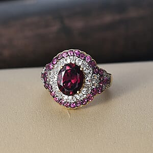 D'Joy Orissa Rhodolite Garnet and White Zircon 5.10 ctw Classic Ornate Oval Ring in 18K Vermeil Yellow Gold Over Sterling Silver (Size 9.0)