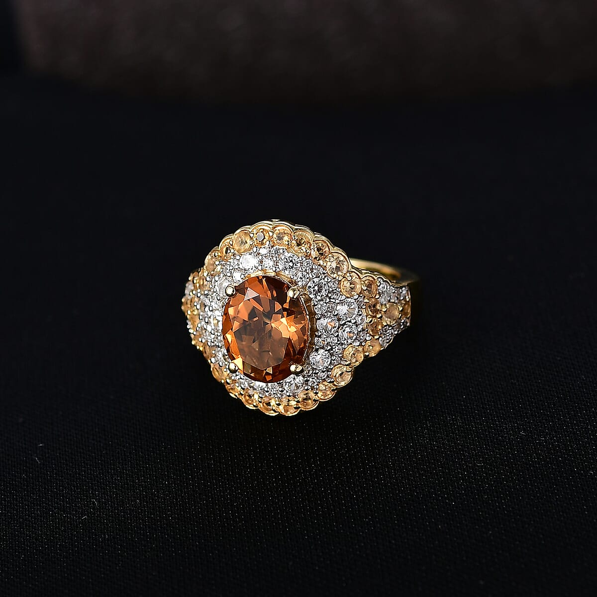 D'Joy Santa Ana Madeira Citrine and White Zircon 4.30 ctw Classic Ornate Oval Ring in 18K Vermeil Yellow Gold Over Sterling Silver (Size 7.0) image number 1