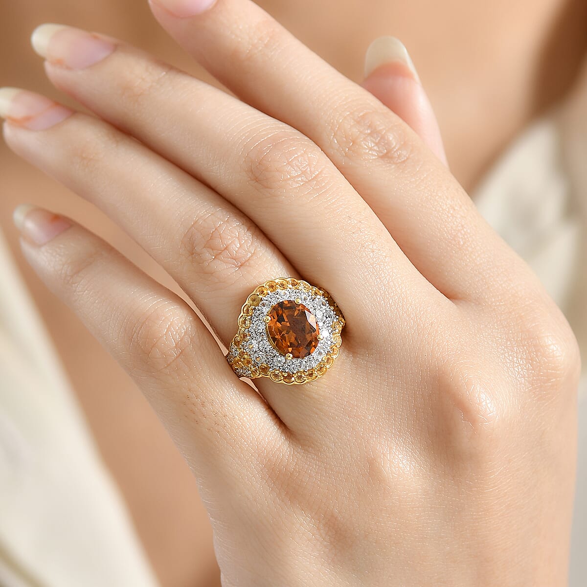 D'Joy Santa Ana Madeira Citrine and White Zircon 4.30 ctw Classic Ornate Oval Ring in 18K Vermeil Yellow Gold Over Sterling Silver (Size 9.0) image number 2
