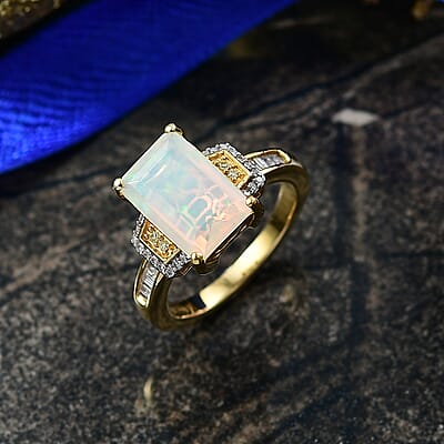 D'Joy Ethiopian Welo Opal, Natural Yellow, White Diamond Art Deco Ring in 18K Vermeil YG Over Sterling Silver 2.70 ctw (Size 10.0)