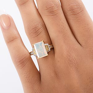 D'Joy Ethiopian Welo Opal, Natural Yellow, White Diamond Art Deco Ring in 18K Vermeil YG Over Sterling Silver 2.70 ctw (Size 10.0)