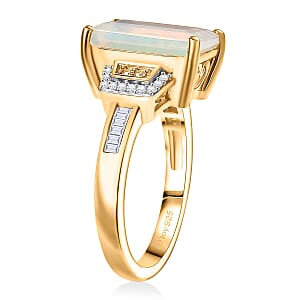 D'Joy Ethiopian Welo Opal, Natural Yellow, White Diamond Art Deco Ring in 18K Vermeil YG Over Sterling Silver 2.70 ctw (Size 10.0)