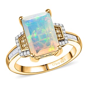 Doorbuster D'Joy Premium Ethiopian Welo Opal, Natural Yellow and White Diamond 2.70 ctw Art Deco Ring in 18K Vermeil Yellow Gold Over Sterling Silver (Size 9.0)