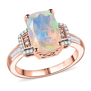 D'Joy Ethiopian Welo Opal, Natural Pink and White Diamond Art Deco Ring in 18K Vermeil RG Over Sterling Silver 2.40 ctw (Size 10.0)