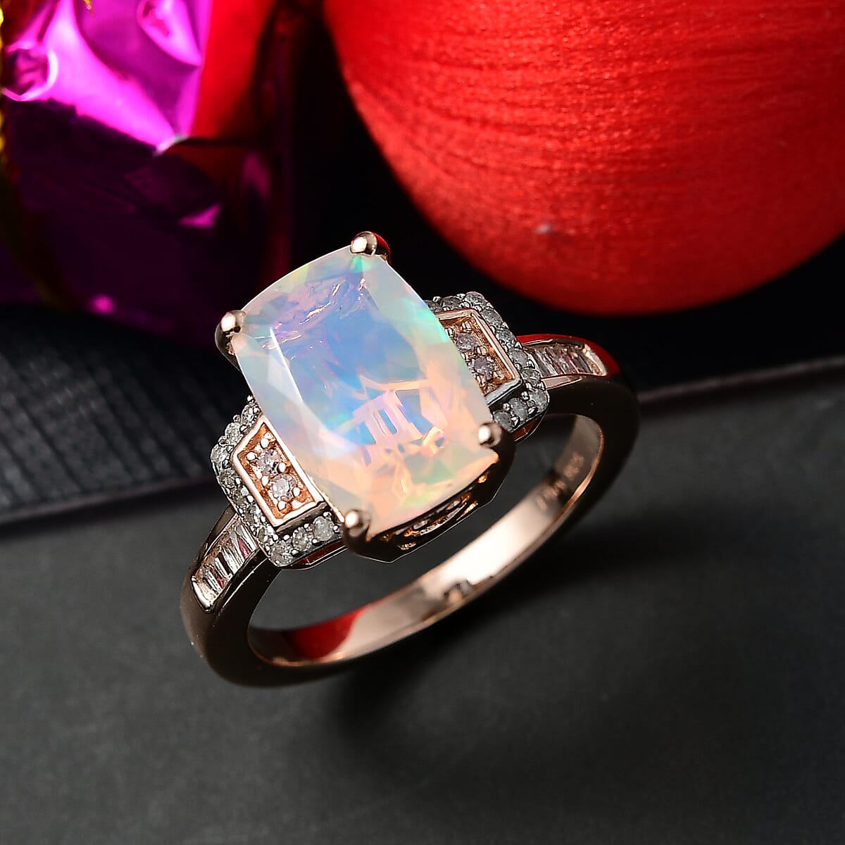 D'Joy Ethiopian Welo Opal, Natural Pink and White Diamond Art Deco Ring in 18K Vermeil RG Over Sterling Silver 2.40 ctw (Size 10.0) image number 1