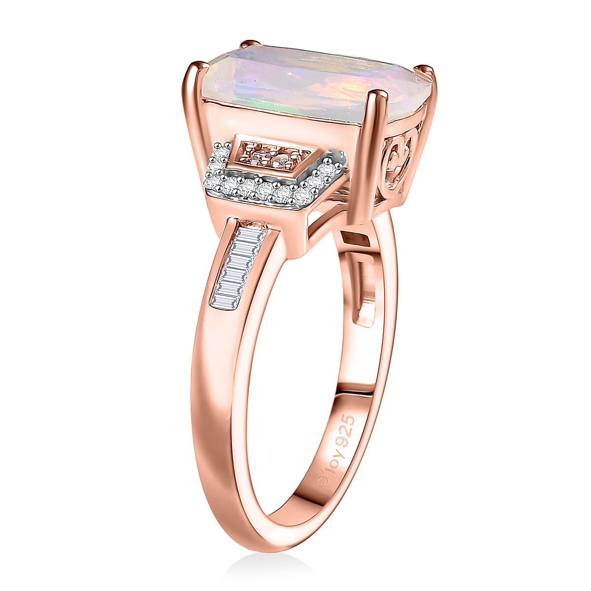 D'Joy Ethiopian Welo Opal, Natural Pink and White Diamond Art Deco Ring in 18K Vermeil RG Over Sterling Silver 2.40 ctw (Size 10.0) image number 3