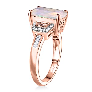 D'Joy Ethiopian Welo Opal, Natural Pink and White Diamond Art Deco Ring in 18K Vermeil RG Over Sterling Silver 2.40 ctw (Size 10.0)