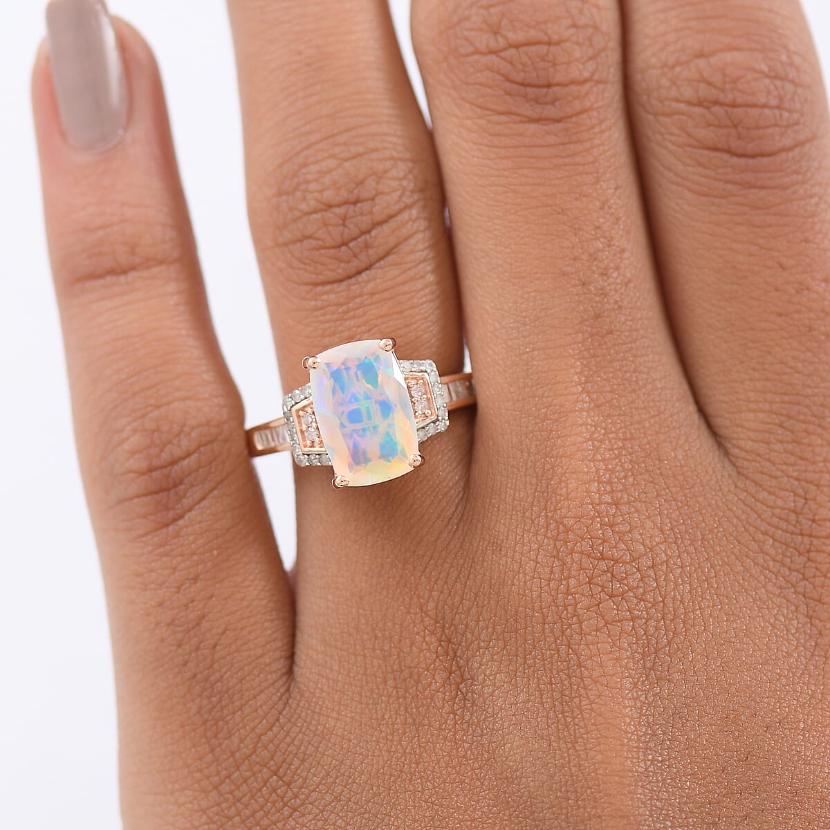 D'Joy Ethiopian Welo Opal, Natural Pink and White Diamond Art Deco Ring in 18K Vermeil RG Over Sterling Silver 2.40 ctw (Size 7.0) image number 2