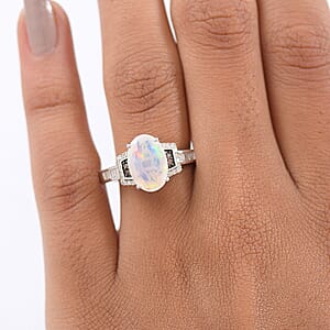 D'Joy Ethiopian Welo Opal, Natural Champagne and White Diamond Art Deco Ring in Rhodium Over Sterling Silver 2.15 ctw (Size 10.0)