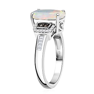D'Joy Ethiopian Welo Opal, Natural Champagne and White Diamond Art Deco Ring in Rhodium Over Sterling Silver 2.15 ctw (Size 10.0)
