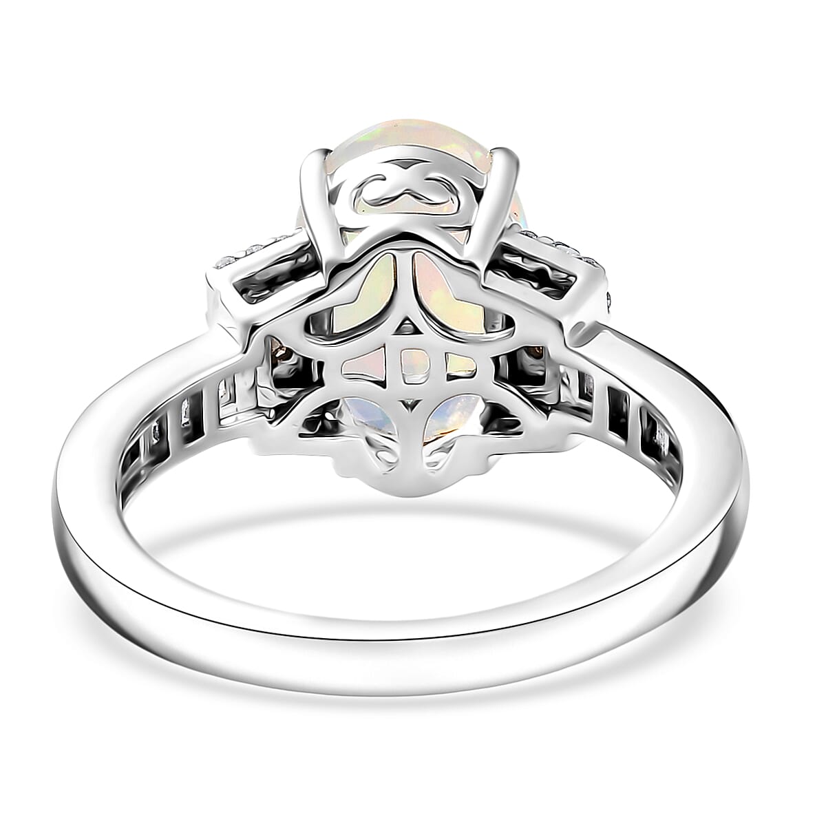 D'Joy Ethiopian Welo Opal, Natural Champagne and White Diamond Art Deco Ring in Rhodium Over Sterling Silver 2.15 ctw (Size 10.0)