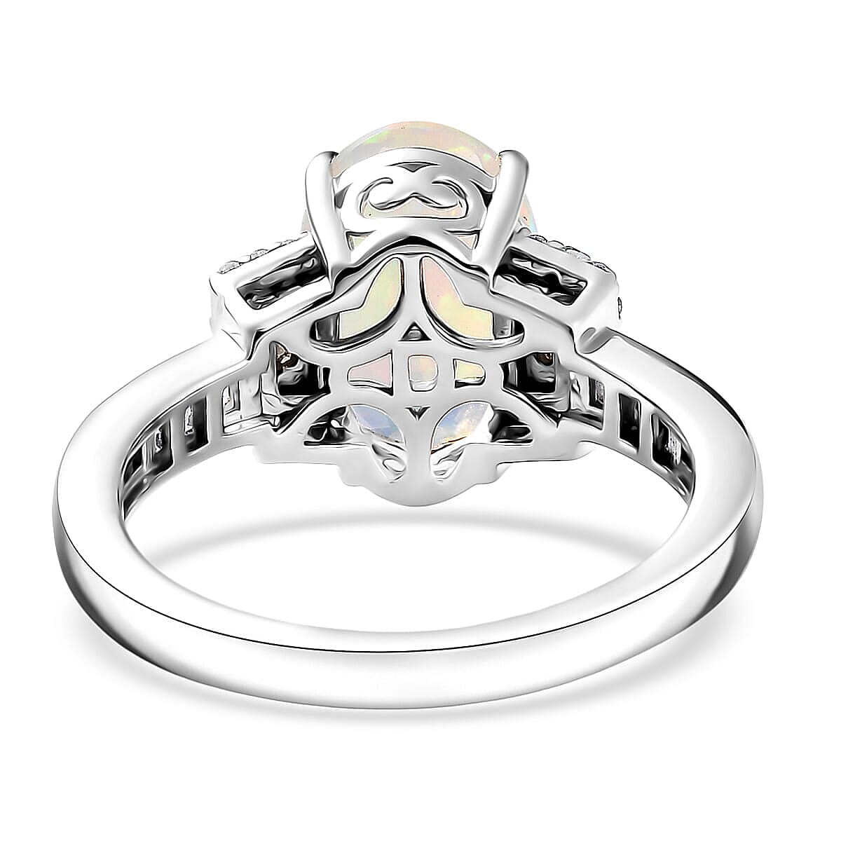 Doorbuster D'Joy Premium Ethiopian Welo Opal, Natural Champagne and White Diamond 2.15 ctw Art Deco Ring in Rhodium Over Sterling Silver (Size 10.0) image number 4