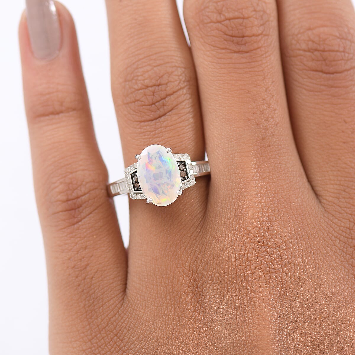 Doorbuster D'Joy Premium Ethiopian Welo Opal, Natural Champagne and White Diamond 2.15 ctw Art Deco Ring in Rhodium Over Sterling Silver (Size 8.0) image number 2
