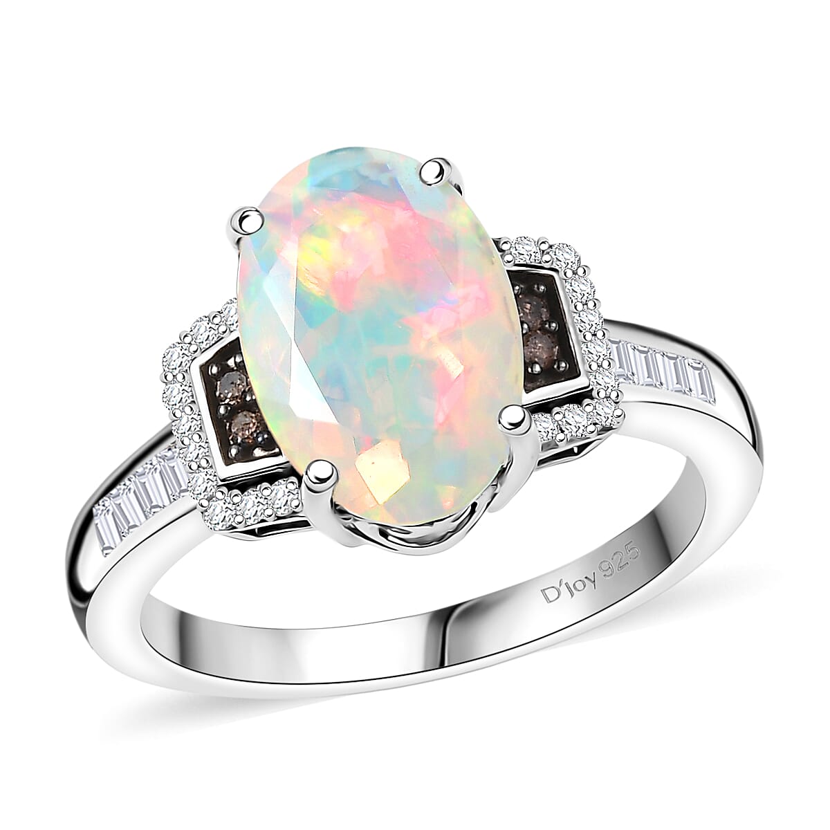 D'Joy Ethiopian Welo Opal, Natural Champagne and White Diamond Art Deco Ring in Rhodium Over Sterling Silver 2.15 ctw (Size 9.0) image number 0
