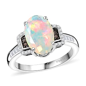 D'Joy Ethiopian Welo Opal, Natural Champagne and White Diamond Art Deco Ring in Rhodium Over Sterling Silver 2.15 ctw (Size 9.0)
