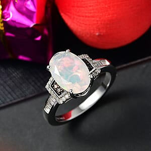 D'Joy Ethiopian Welo Opal, Natural Champagne and White Diamond Art Deco Ring in Rhodium Over Sterling Silver 2.15 ctw (Size 9.0)