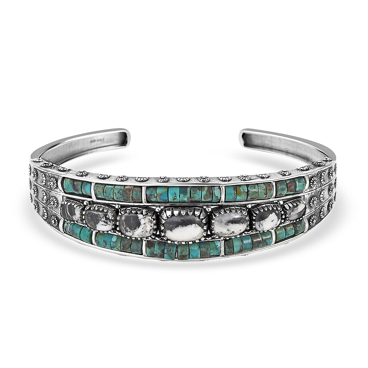 D'Joy Artisan Crafted Premium White Buffalo and Royston Turquoise 24.00 ctw Cuff Bracelet in Black Oxidized Sterling Silver (7.25 In) image number 0