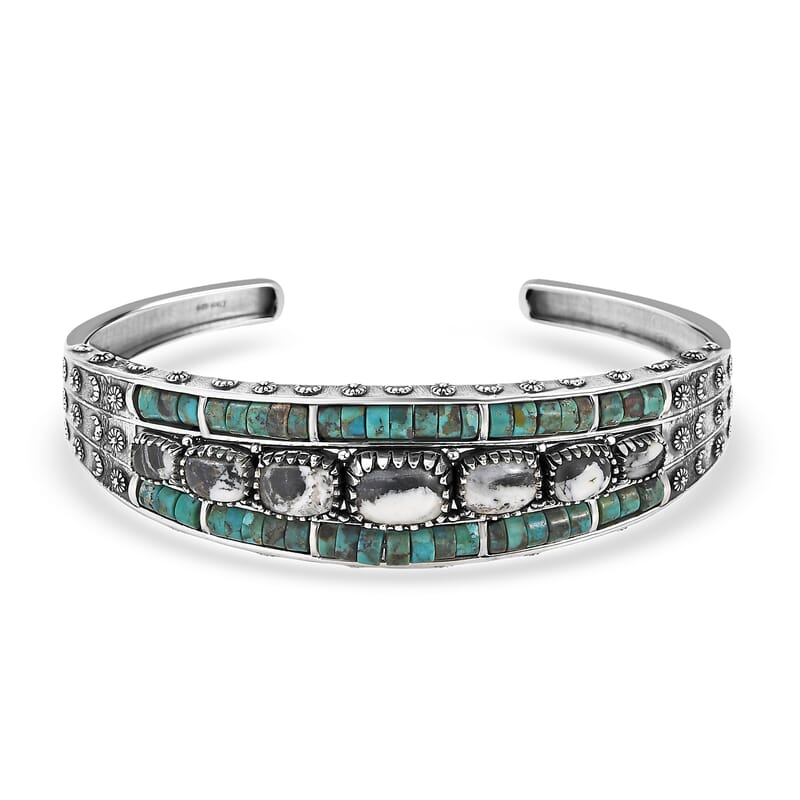 D'Joy Artisan Crafted White Buffalo, Royston Turquoise Cuff Bracelet in Oxidized Sterling Silver 24.00 ctw (7.25 Inches)
